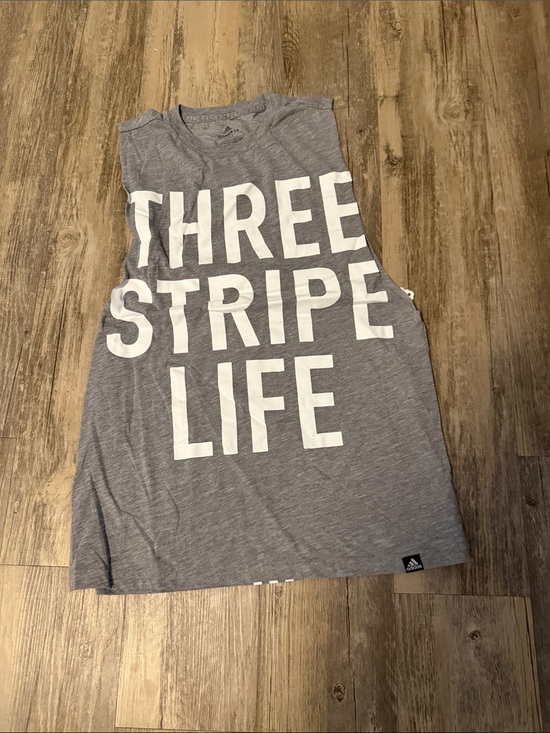 adidas Tops - New. adidas Gray Sleeveless Tank with White 'Three Stripe Life' Print